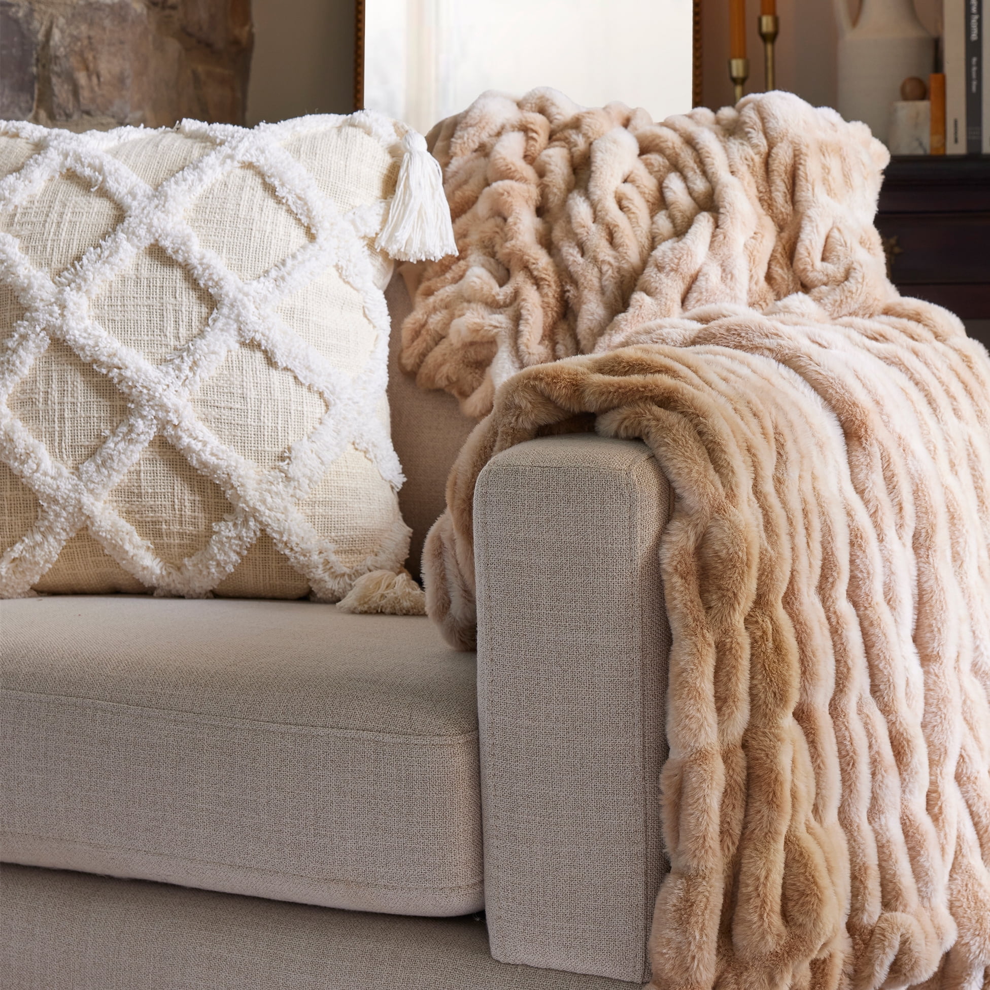 Better Homes & Gardens Natural Tie Dye Ruched Faux Fur Throw, 50"x72"