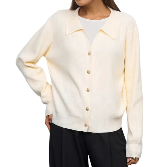 Suéter de Cuello de Solapa para Mujer, Chaqueta de Punto con Botones y Abertura Frontal, Cárdigan de Larga con Botones Albaricoque L