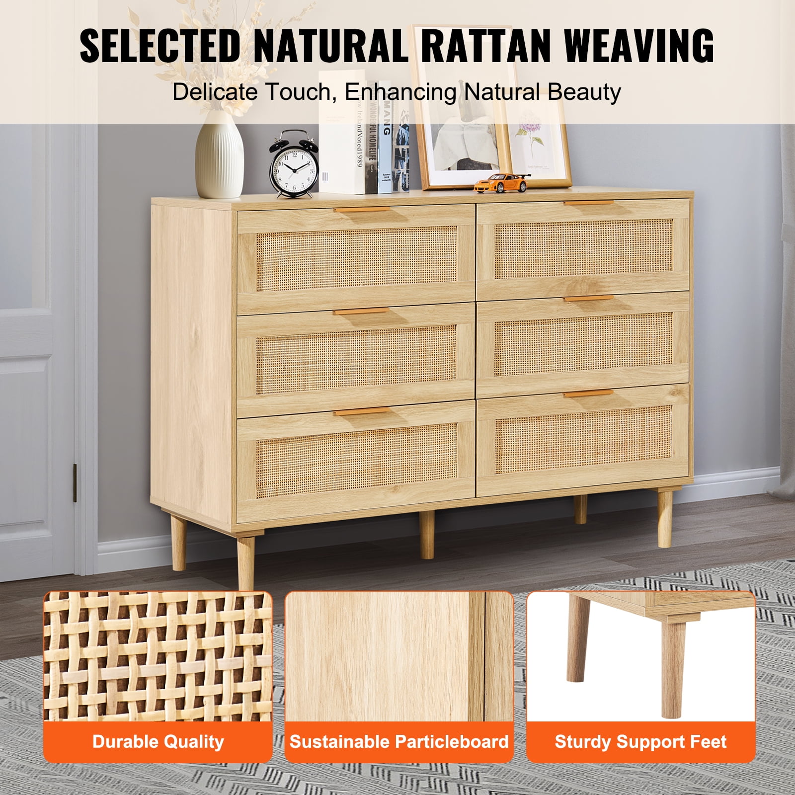 KFFKFF Rattan Dresser with Six Drawers, Contemporary Wooden Clothes Storage Unit & Bohemian Style Dresser, Equipped with Durable Handles & Legs, Ideal for Bedrooms, Living Spaces & Corridors