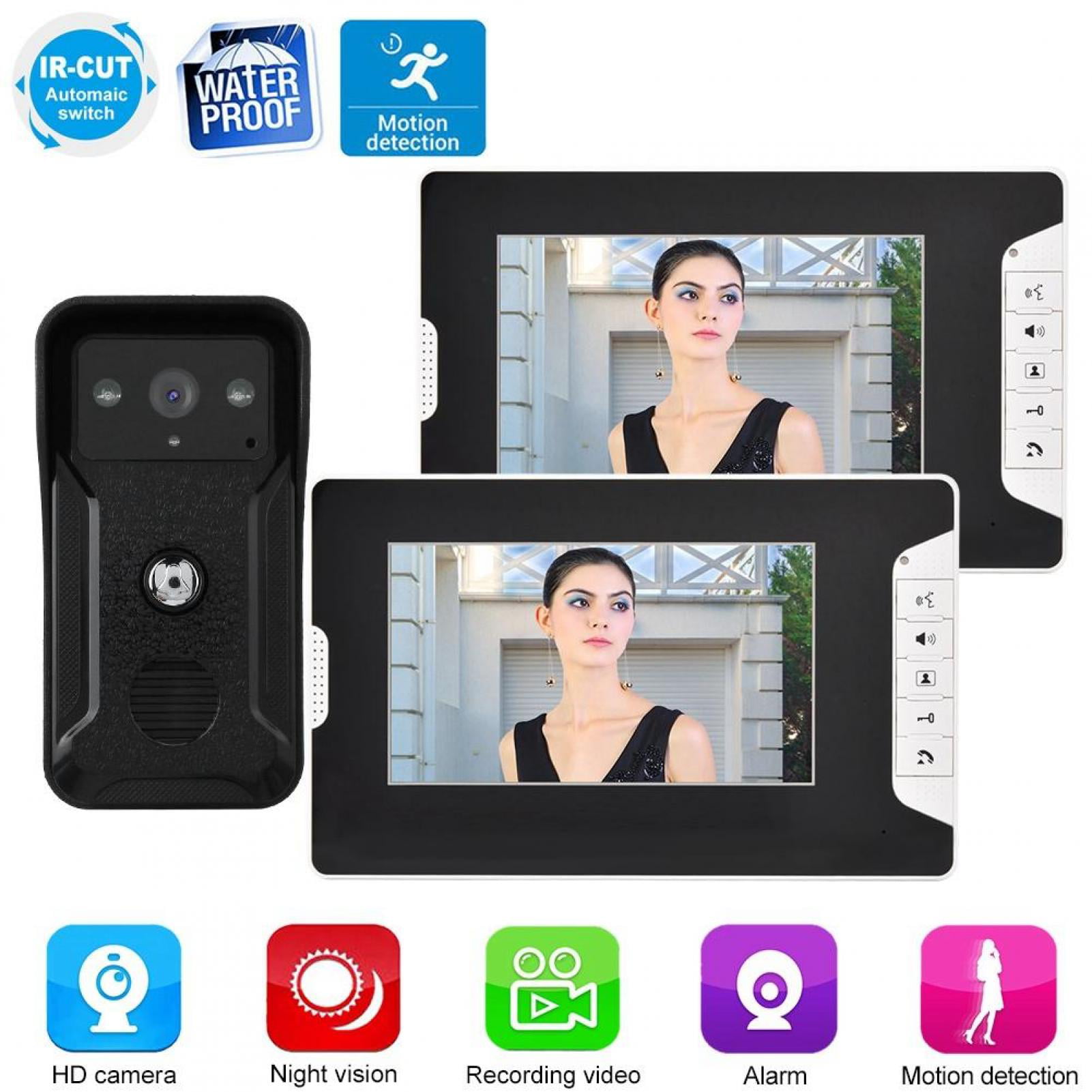 7in Screen Intercom Doorbell Video Camera IR Night View Waterproof 2-Monitor 