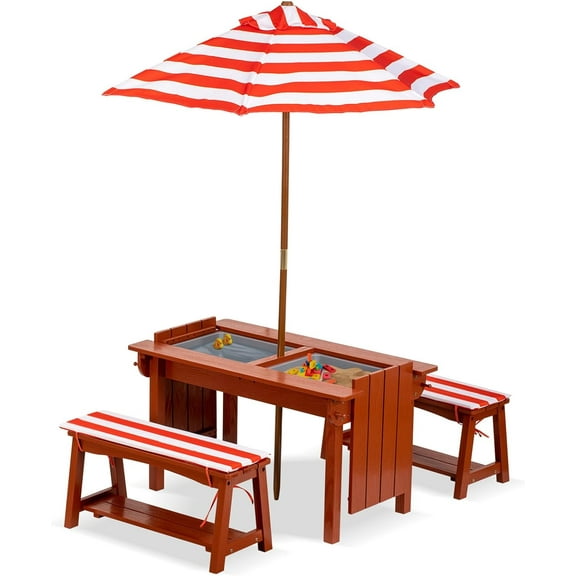 Kids Picnic Table with Umbrella, Outdoor Wooden Table & Bench Set w/Cushions & 2 Removable Boxes, 4-in-1 Children Sand and Water Activity Table w/Storage Cover for Patio, Garden, Backyard