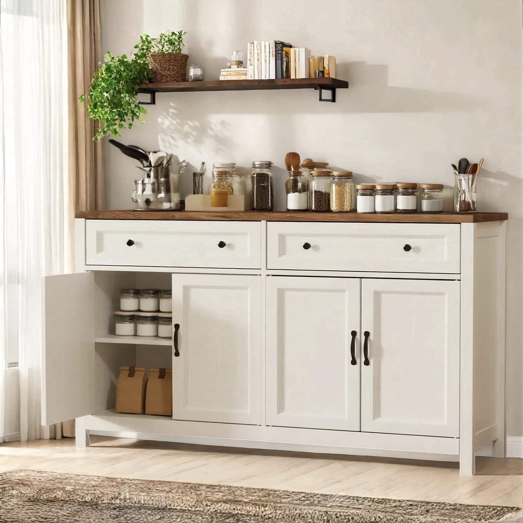 Sideboard Buffet Cabinet, Lofka 55" Farmhouse Kitchen Sideboard with 4 Doors 2 Drawers, Rustic Brown+White