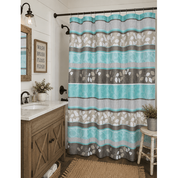 Serafina Home Aqua Blue Polyester Shower Curtain, Primitive Striped Floral, 70 x 72 Inches, Washable