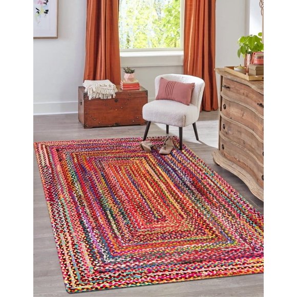 3x4 Ft Multi Cotton Area Rug, Hand-Woven, Reversible, Farmhouse Boho Style, Durable & Pet-Friendly Rug for Living Room, Dining Room, and Bedroom