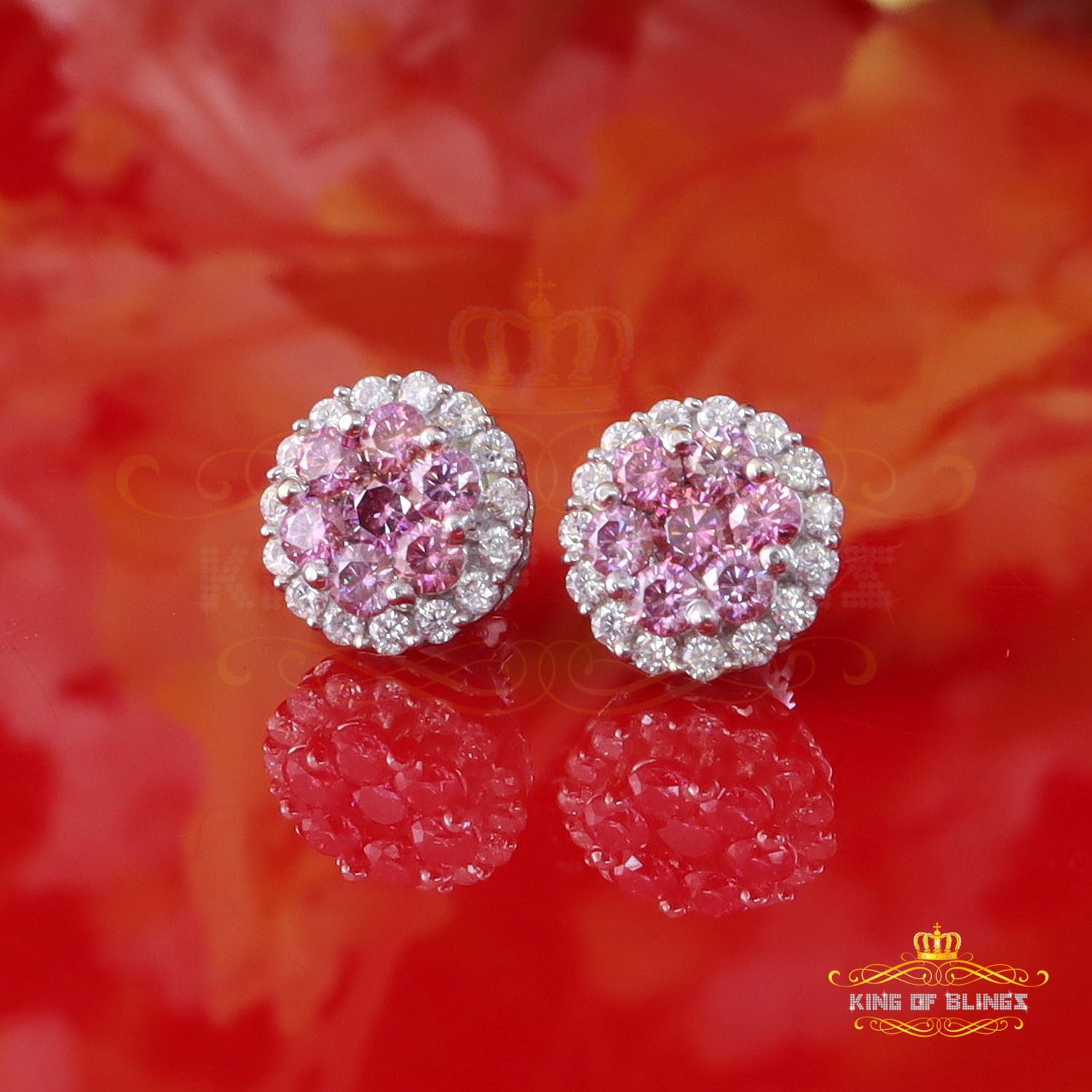 King of Bling's Men's/Women's 925 Silver White 2.00ct VVS D Pink Moissanite Round Stud Earrings