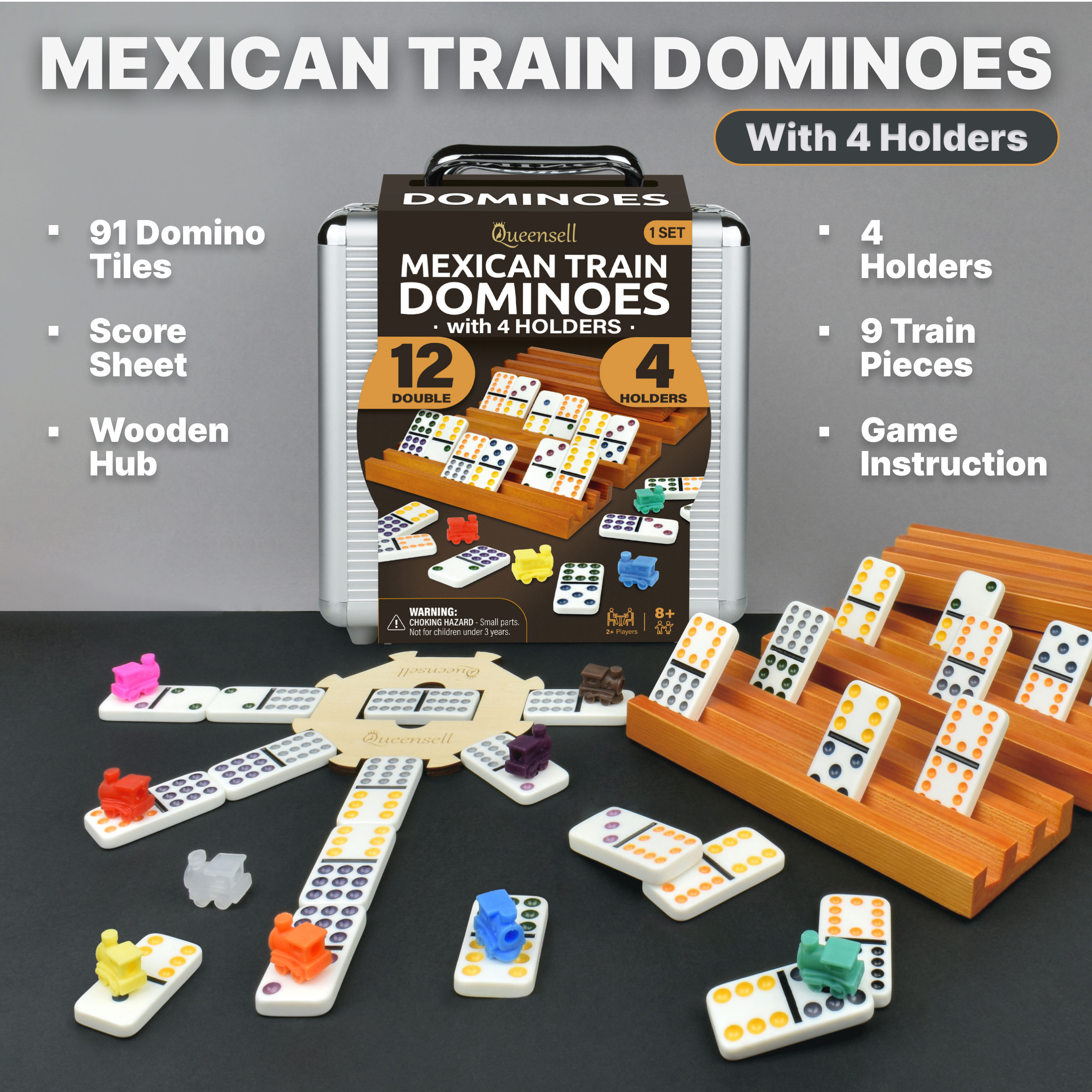 Queensell Mexican Train Dominoes Set with 4 Holders photo 6