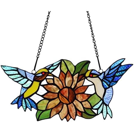 W10006 Hummingbirds Flower Tiffany Style Stained Glass Window Hangings Panel with Chain, 15" W x 7" H