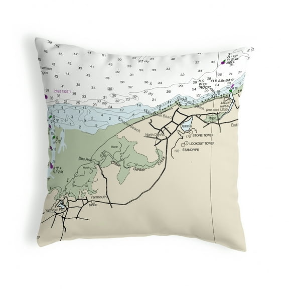 Betsy Drake Interiors Cape Cod - Dennis, MA Nautical Map Noncorded Indoor/Outdoor Pillow 12x12