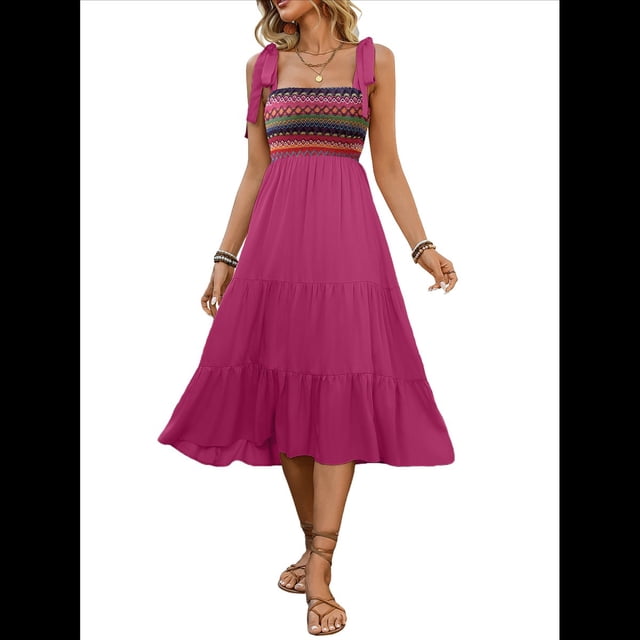 Vestidos de Verano Sin Mangas para Mujer, Vestidos Largos para Invitadas de Boda, Blusas de Punto Acanalado y Falda de Poliéster con Bolsillos. Rosa Roja L
