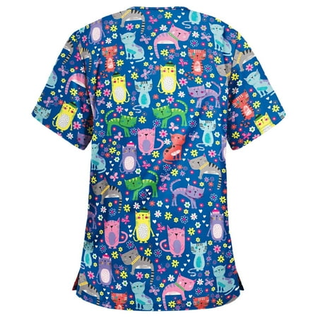 

Women Scrubs Top Nurses Clothing Working Uniform Top Care Workwear Short Sleeve V-Neck Cartoon Printed Fashion