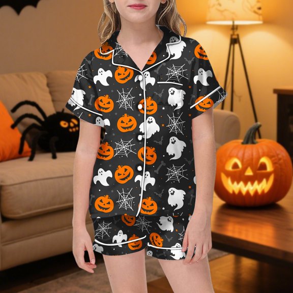 BOOMNY Halloween Girls 2 Peice Pajamas Sets Hallowmas Pumpkin Ghost Graphic Short Sleeve Buttons Sleepwear Tops Shorts Pjs Set for Kids Cozy Loungewear Homewear