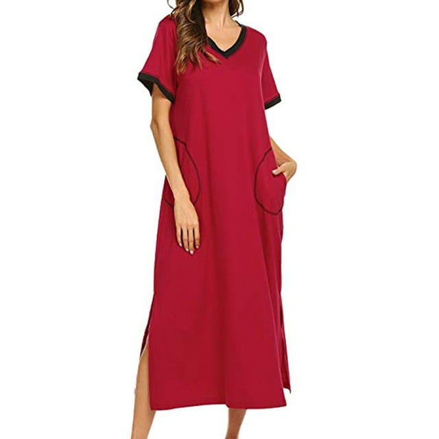Avamo Pyjama Femme Robe de Nuit Col en V Manches Courtes Chemise de Nuit Rouge S