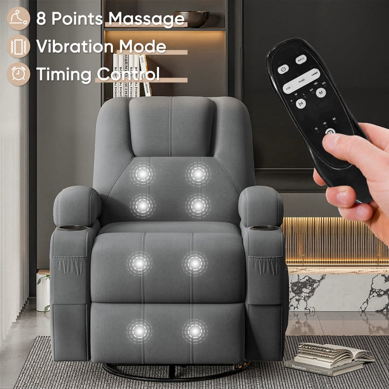 Vineego 360° Swivel Recliner Oversized Massage Rocking Chair Nursery Chair Power Living Room Furniture With Two Cup Holder,Gray