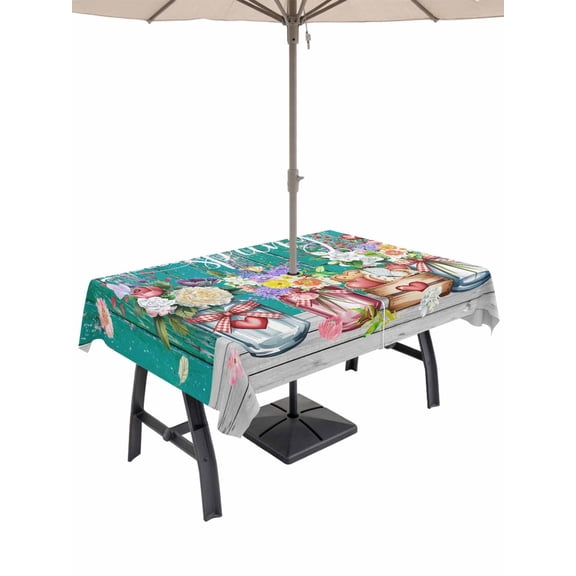 Outdoor Tablecloth with Umbrella Hole for Patio/Picnic/Party/Camping, Spring Flowers Waterproof Table Cloth Rectangle Table Cover Washable, Farmhouse Watercolor Teal Wood Grain (54"x 80")
