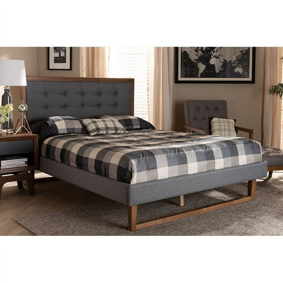 Baxton Studio Emele Modern Transitional Dark Grey Fabric Upholstered and Ash Walnut Brown Finished Wood Queen Size Platform Bed