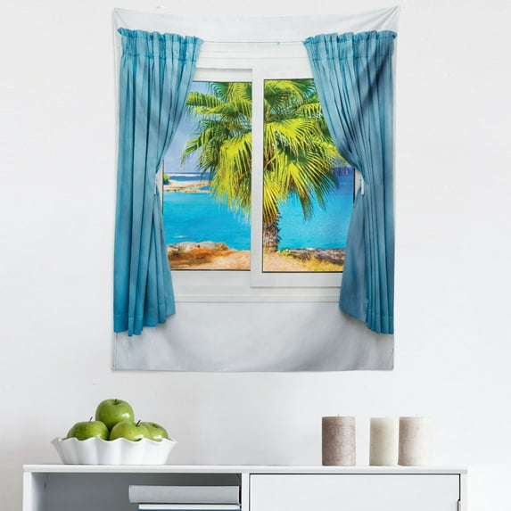 Colorful Tapestry, View from Window a Curtain Tropical Sun Rays Horizon Palm Ocean Print, Fabric Wall Hanging Decor for Bedroom Living Room Dorm, 5 Sizes, Blue Green, by Ambesonne