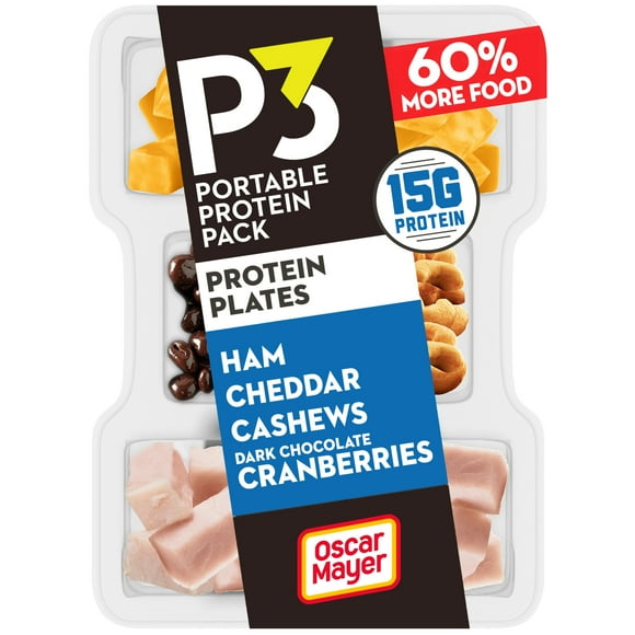 P3 Ham, Cashews, Cheddar Cheese & Chocolate Cranberries Protein Snack Pack, 3.2 Oz Tray