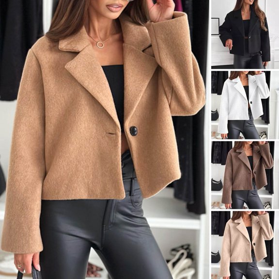 Women Woolen Jacket - Turn-down Collar Solid Color Single Button Closure Coat Loose Short Type Thermal Long Sleeved Commuting Dating Coat