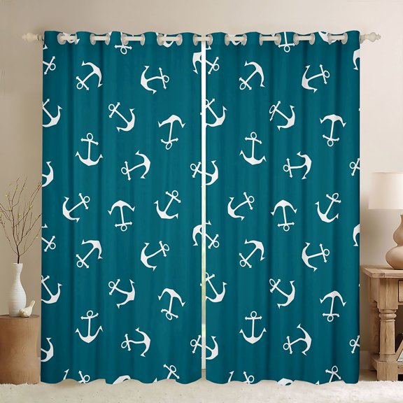 Manfei Vintage Anchor Black Out Curtains for Kids Boys and Girls, Turqoise White Nautical Theme Curtains Pack of 2 (42x63 Each)