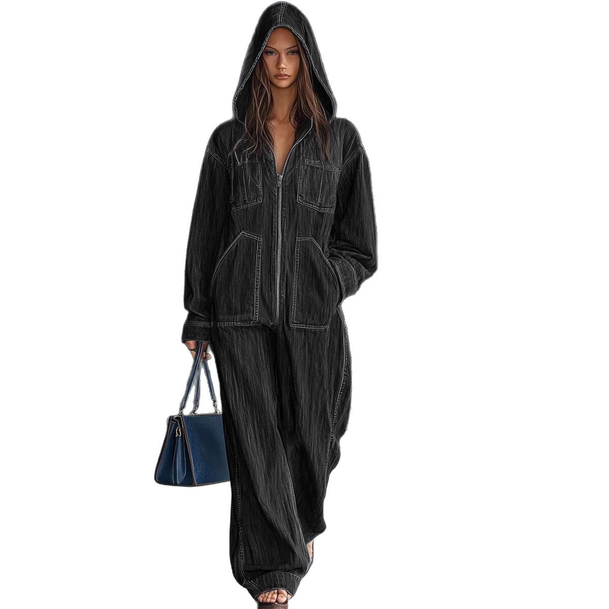 Women's Denim Jumpsuit Long Sleeve Hooded Zip Up One-Piece Casual Loose Fit Jean Romper With Pockets For Autumn Winter Travel