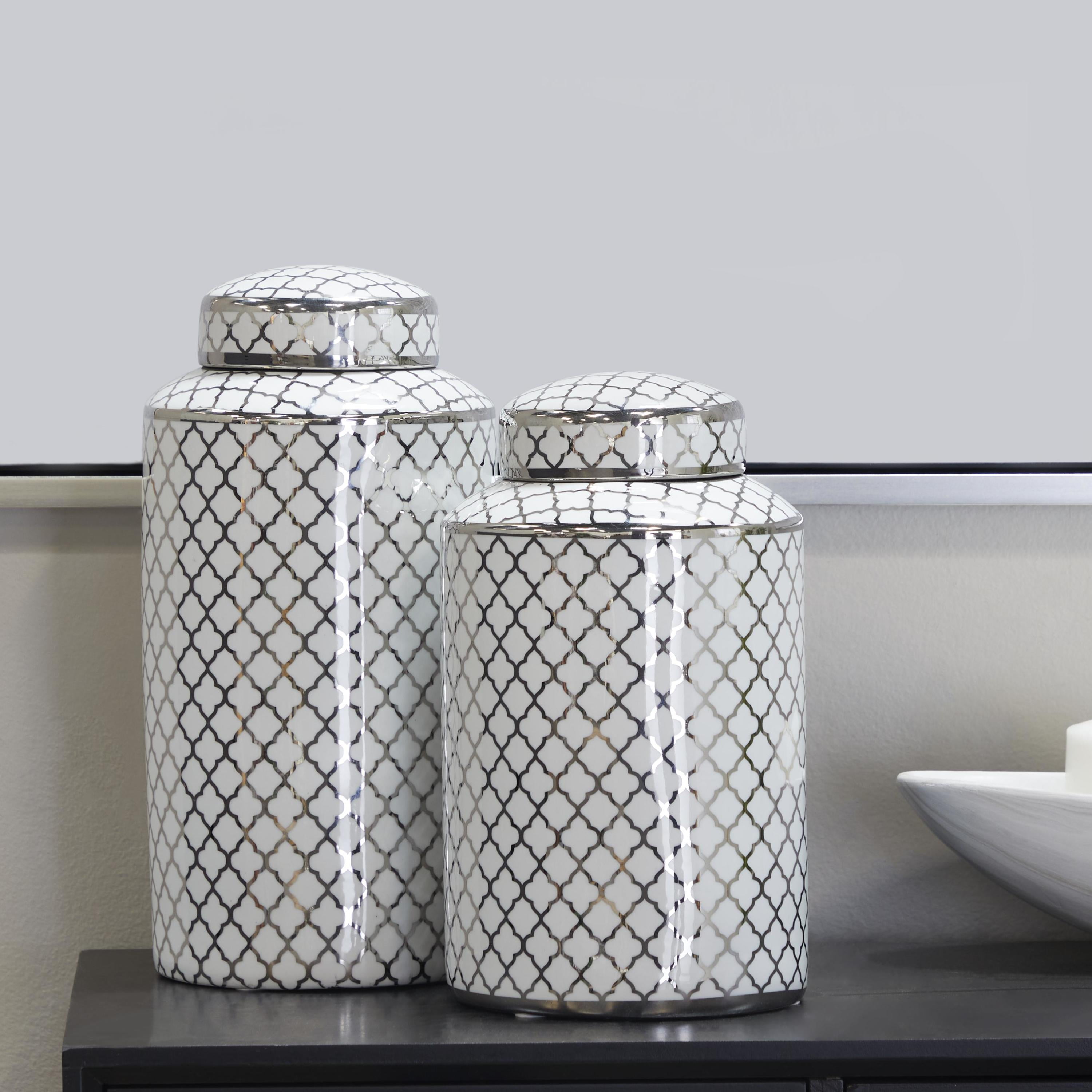 DecMode 14", 12"H Silver Ceramic Geometric Decorative Jars with Silver accents, 2-Pieces