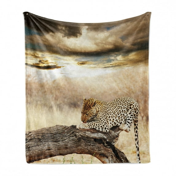 Safari Soft Flannel Fleece Throw Blanket, Leopard Resting Dramatic Cloudy Sky Safari Wild Cats Nature Picture, Cozy Plush for Indoor and Outdoor Use, 50" x 60", Beige and Brown, by Ambesonne