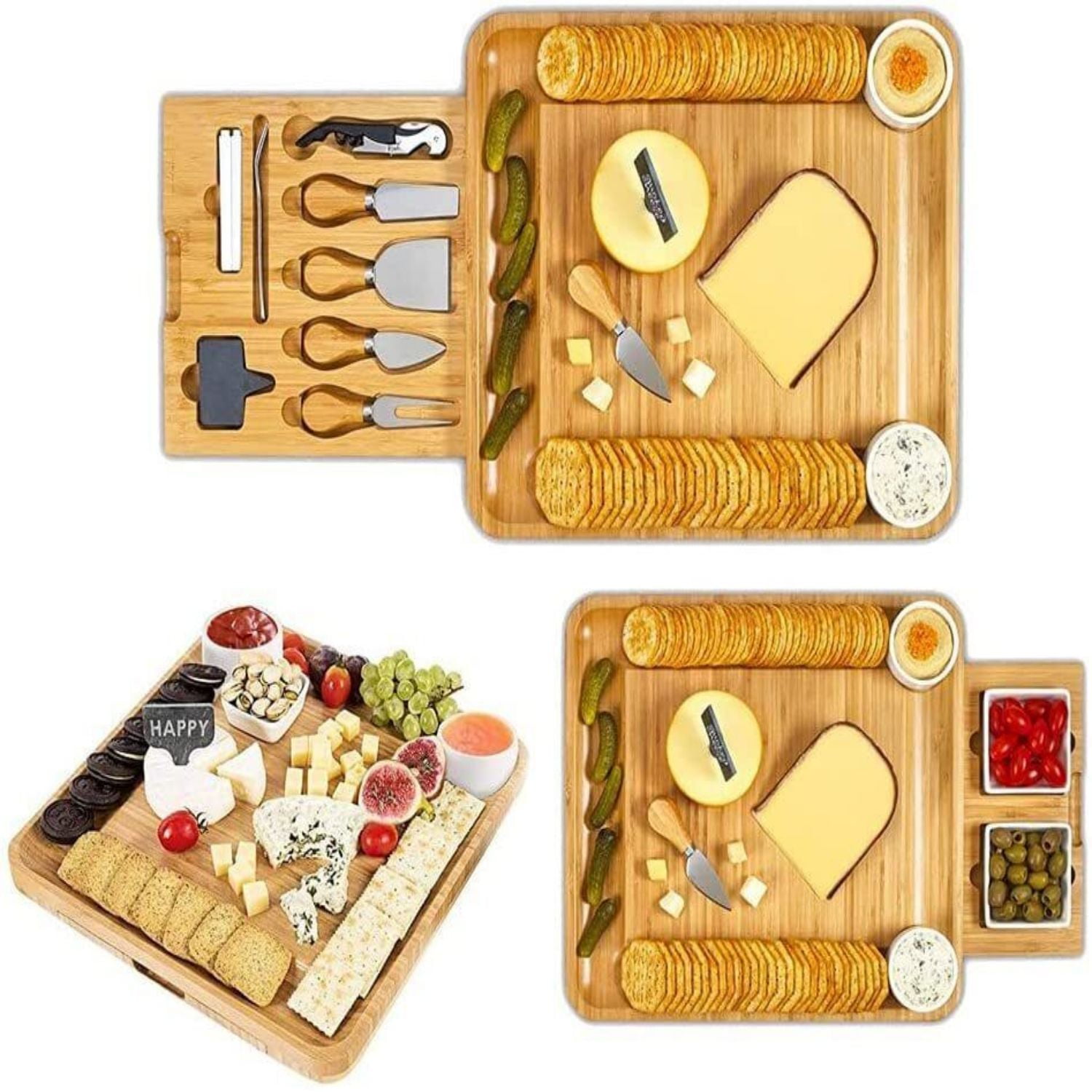 QIYAA Bamboo Cheese Cutting Board Knives Gift Set Wooden Charcuterie
