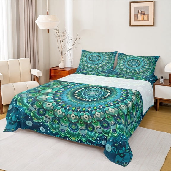 Manfei Bohemian Mandala Twin Sheet Sets 3pcs for Girls Women, Hippie Floral Flower Twin Fitted Sheet, Teal Flat Sheet, Lightweight Room Decor