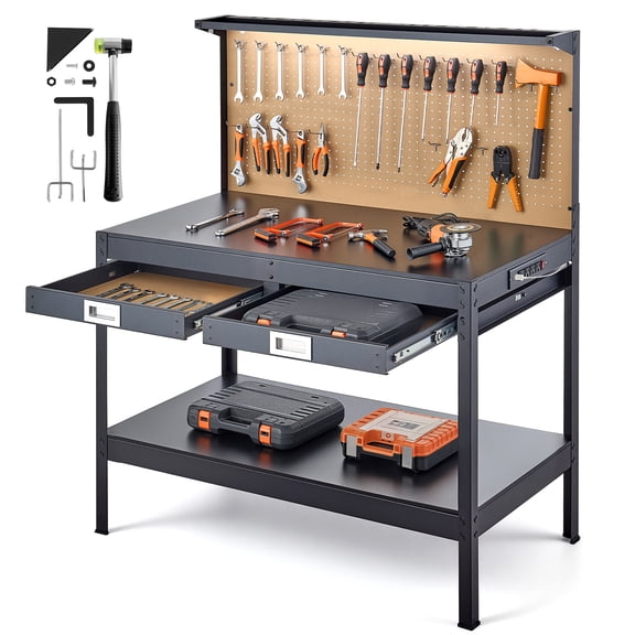 VEVOR Hardwood Workbench, 242.5 lbs Weight Capacity, 47.2-inch Heavy Duty Workbench with Pegboard, 4 AC Outlets & 2 USB Ports, 4.9 ft Cable & 30 Hooks, Garage Work Bench with Drawer for Workshop