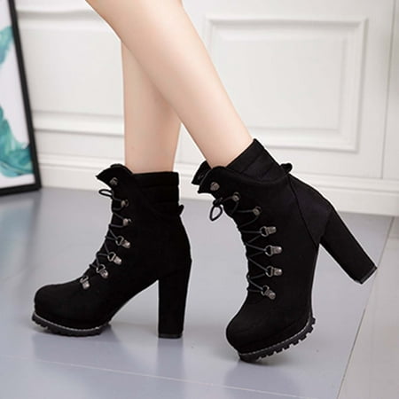 

Juebong Boots Deals Fall Winter Women Chunky High Heel Ankle Boots Teen Girls Lace-Up Ankle Bootie