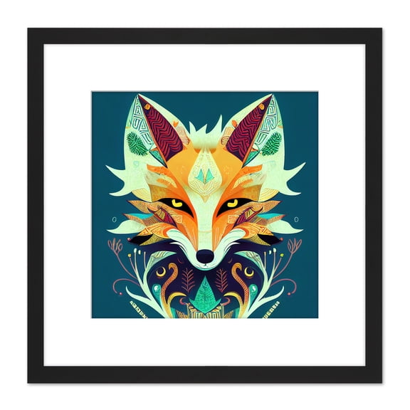 Contemporary Folk Style Fox Abstract Face Portrait Illustration Orange Teal Square Wooden Framed Wall Art Print Picture 8X8 Inch