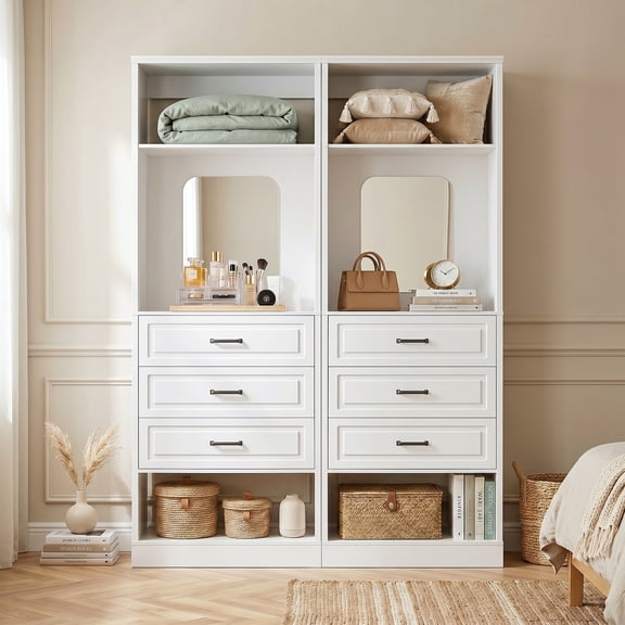 Homieasy 25'' Upgraded Style Closet Organizer with 3 Drawers, Walk-in Closet System with Mirror and Shelves, White