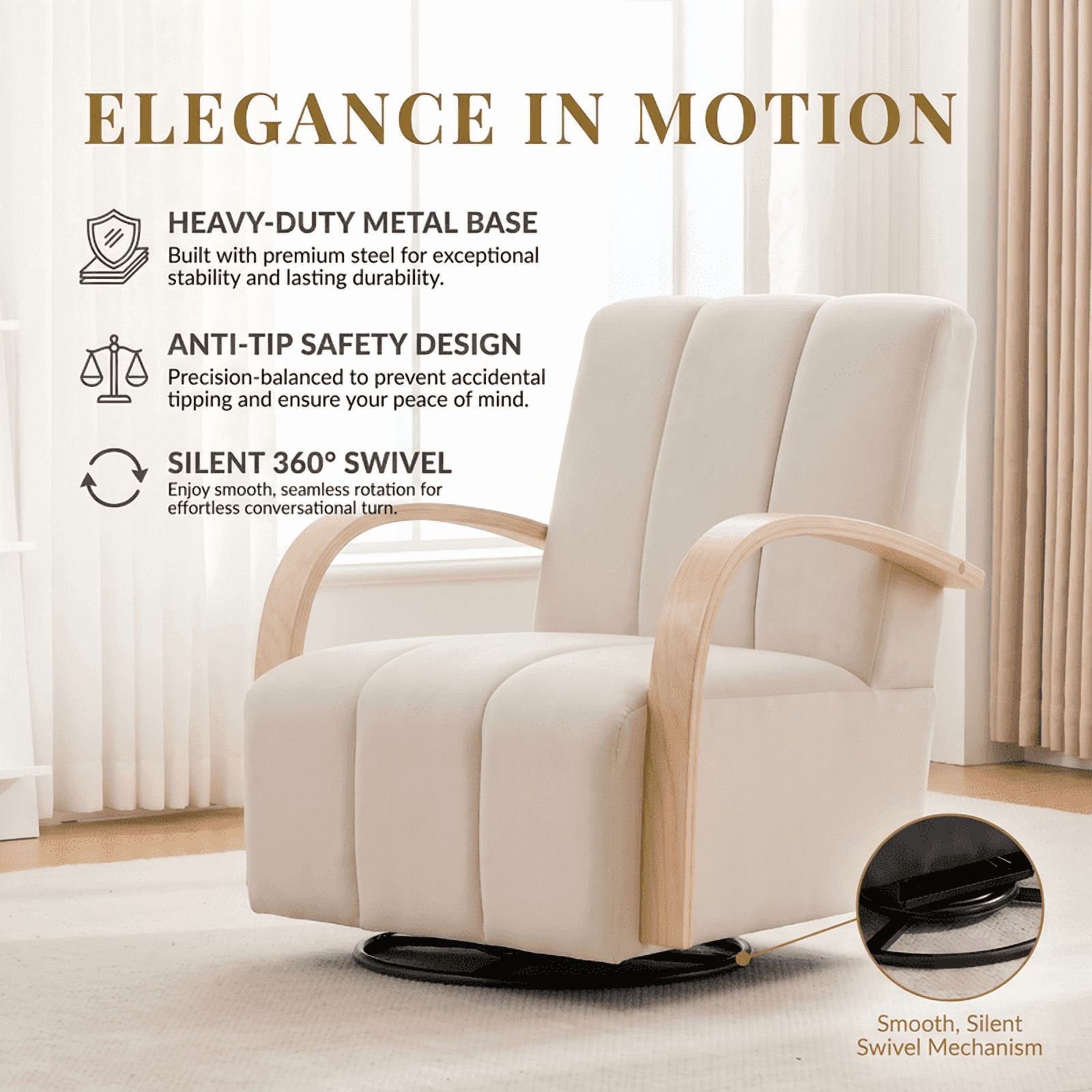 Gewnee Accent Chair, 360°Swivel Upholstered Reading Chair,Modern Armchair for Living Room, Bedroom & Home Office, Beige(Velvet)