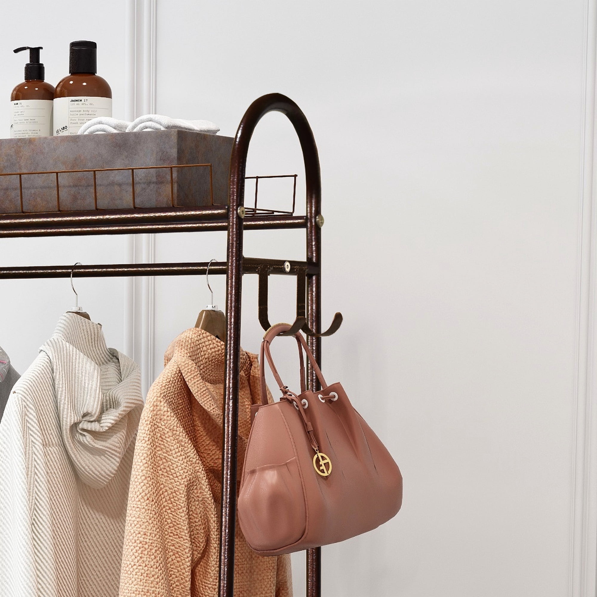 Heavy Duty Rolling Garment Rack, Freestanding Metal Clothing Rack with Hanging Rod & Double Shelves, Portable Wardrobe Organizer for Bedroom Laundry Room