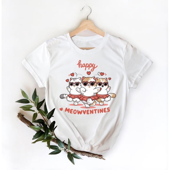 Fukika Cute Cat Valentine's Day Shirt, Happy Meowventines Women's T-Shirt, Funny Cat Love Gift, Valentine's Day Cat Themed Tee for Cat Lovers