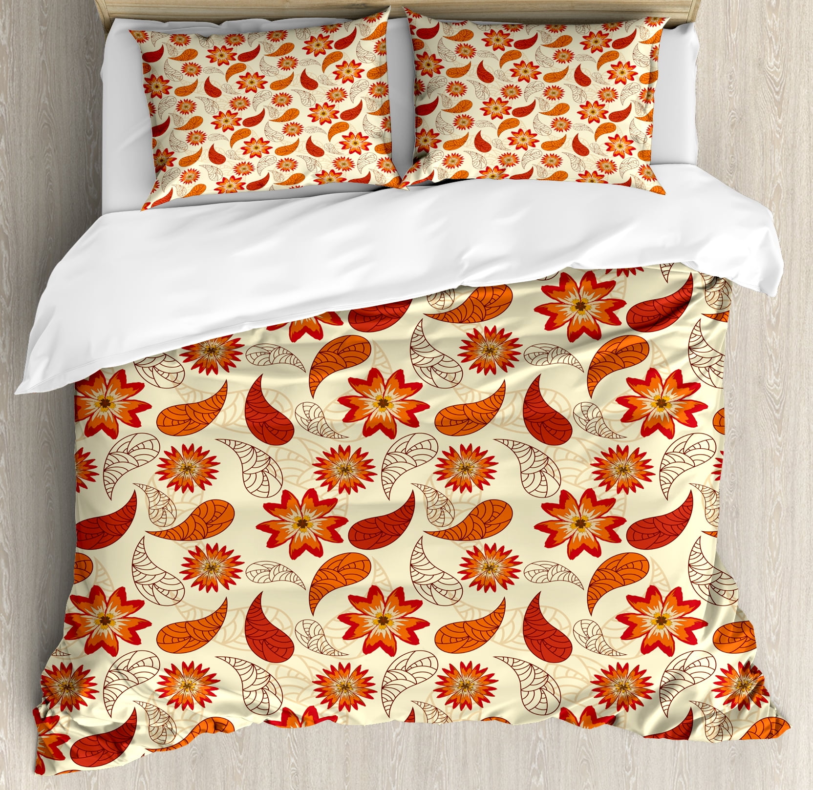 Orange King Size Duvet Cover Set Red Poppy Flowers In Retro Style And Leaves Artistic Flourish Paisley Pattern Decorative 3 Piece Bedding With 2
