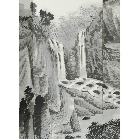 6 ft. Tall Handpainted Chinese Silk and Paper Screen Divider - Misty Mountain