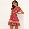 thumbnail image 4 of OKBOP Short Sleeve V-Neck Dress Women's Solid Color Jumpsuit Short Skirt Sexy Off Shoulder Waist Sleeveless Dress tea Shift Dress Red L(8), 4 of 7