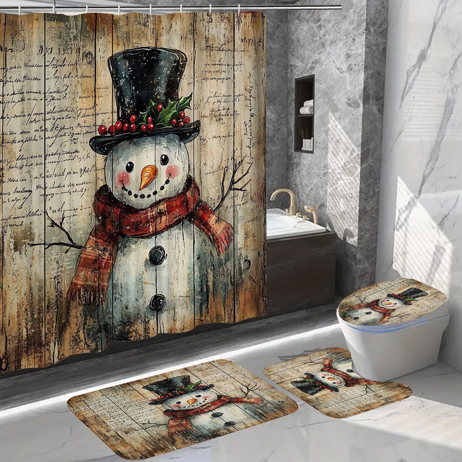 Costeam Christmas Shower Curtain Set with Santa Pattern, Waterproof Bathroom Decor with Holiday Theme for Xmas Party Background Decoration