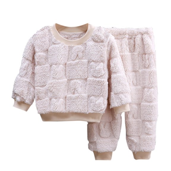 Kids Girls Cozy Plush Autumn Winter Sleepwear Set Fleece Lined Thick Homewear Top and Pants Outfit Long Sleeve Round Neck for Comfortable Wear Beige 5 Years
