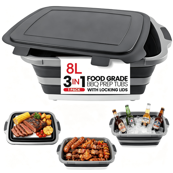 Collapsible BBQ Prep Tub with Built-In Cutting Board, Lid & Strainer – Marinate, Drain & Prep – Large Food-Safe Container – Perfect for Grilling, Smoking & Outdoor Cooking (Black)