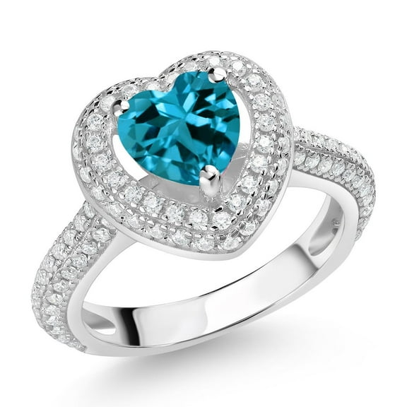 Gem Stone King 925 Sterling Silver London Blue Topaz and White Moissanite Heart Shape Ring for Women (1.57 Cttw, Size 9)