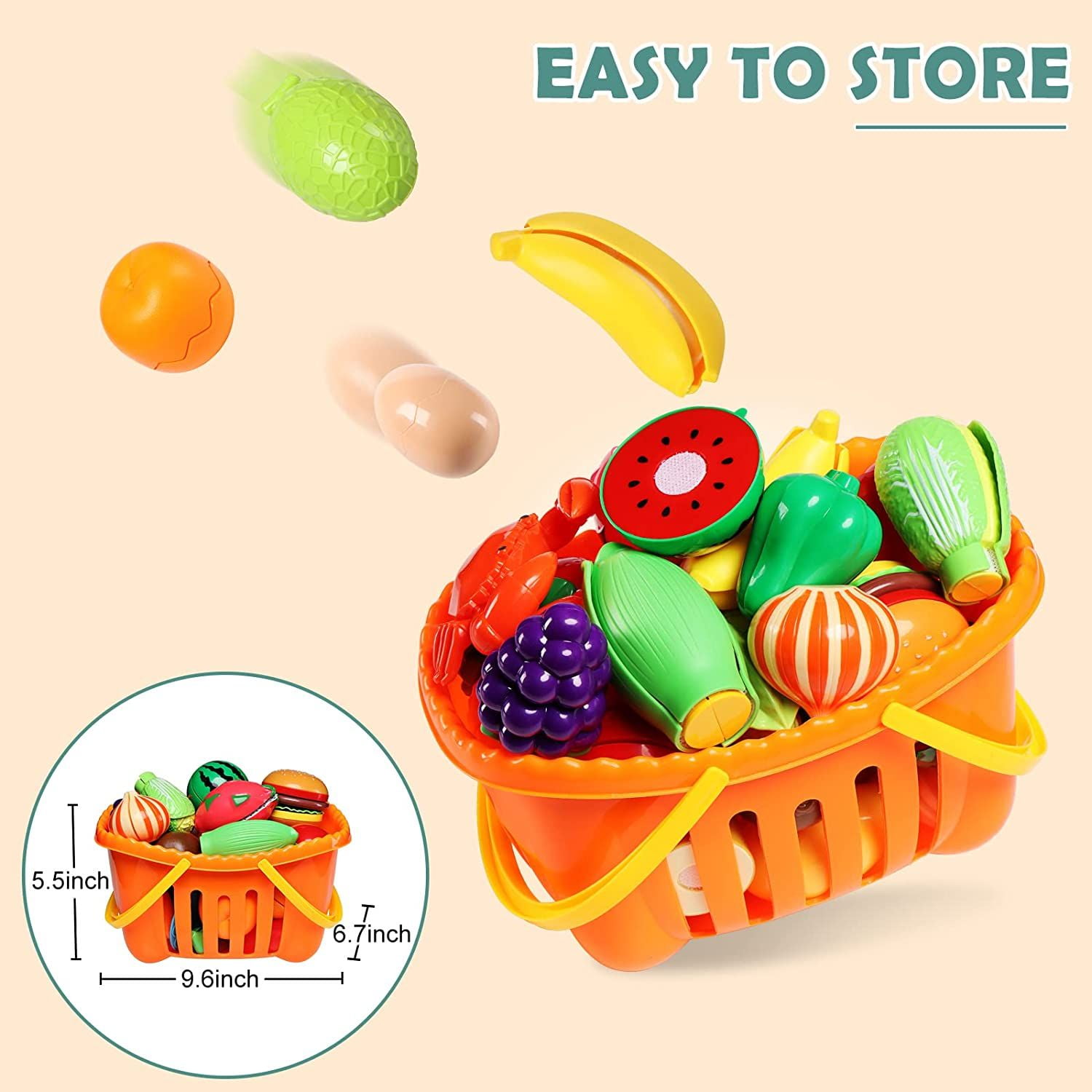 Bmag 88pcs Cutting Play Food Sets for Kids, Pretend Play Kitchen Toys Accessories Educational Toy Food with Storage Basket