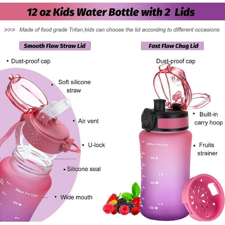 12 oz Insulated Kids Water Bottle with Straw/Chug/2 One-Click-Open Lids 10  Stickers Fruit Strainer Stainless Steel Water Bottles Double Wall Vacuum  Wide Mouth BPA Free Sweat & Leak-Proof for School 