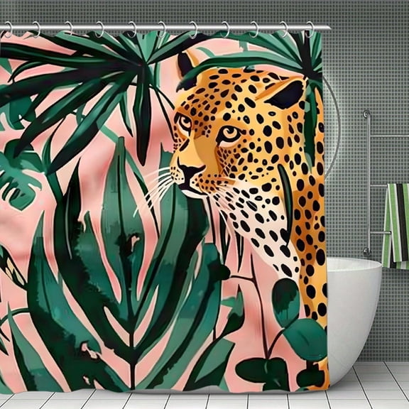 Leopard Palm Leaves Jungle Print Shower Curtain,Modern Fabric Waterproof Shower Curtain Set with Hooks,70.8×70.8Inch