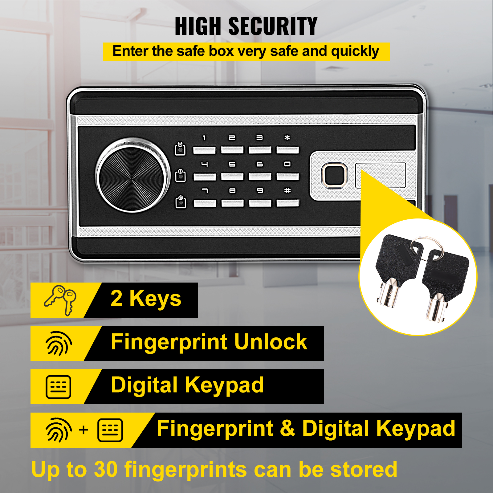 VEVORbrand Security Safe 2.1 CU.FT Fingerprint Safe Box for Money W/ 2 Keys & Digital Keypad, Q235 Steel Safe Box for Storing Cash, Jewelry, Pistols, Documents in Home & Office & Hotel - image 4 of 10