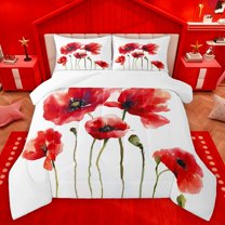 Homewish Teens Chic Floral Flowers Full Size Comforter Sets 3-Piece,Spring Garden Bedding Comforter Set,Green Red Lightweight Bedding Sets,Breathable Home Decor