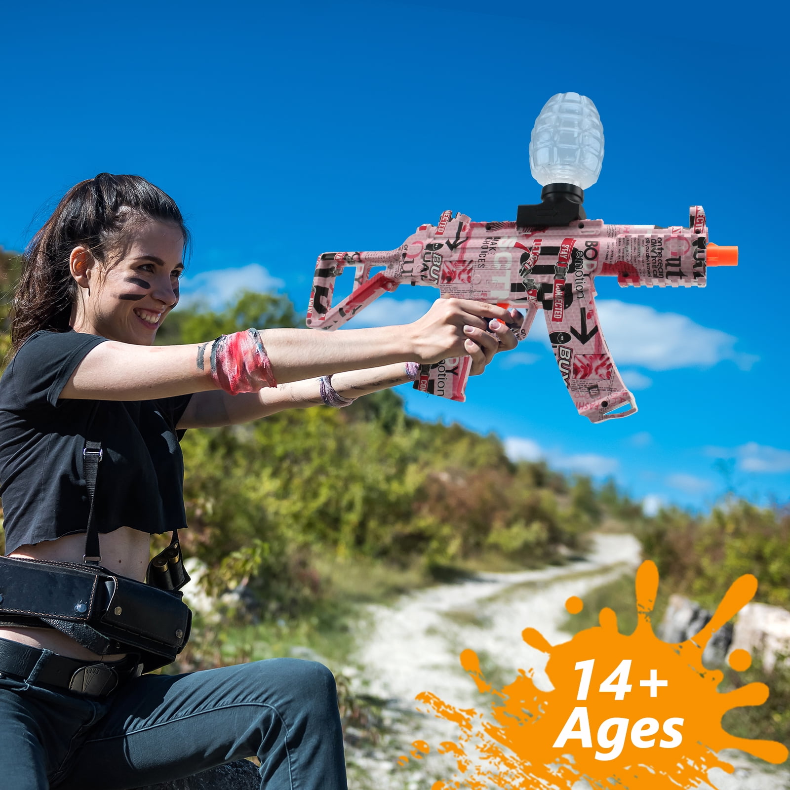 BIU BLASTER Gel Ball Blaster Pink Graffiti Electric Splatter Blaster with Goggles Rechargeable 7.4V 500mAh Battery for 14+ Ages