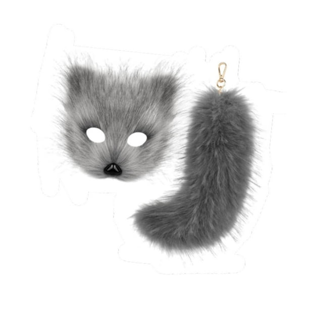 Máscara y cola de Therian, máscara de gato y lobo de 25 cm de largo para fiestas temáticas de mujeres y niñas. Gris oscuro