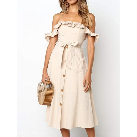 Tie Waist Linen Dress - Women's Sleeveless Off Shoulder Ruffles Long Dress Solid Tie Waist Single Breasted Casual Fashion Maxi Dress with Pocket